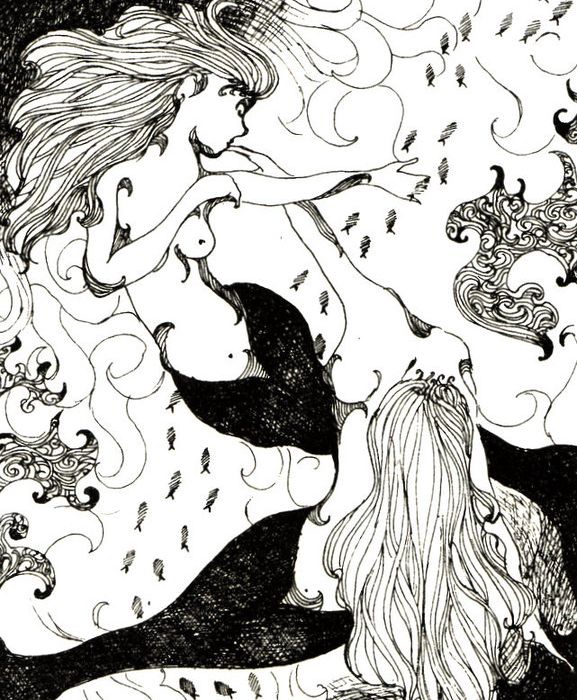 Illustration of two nude mermaids.