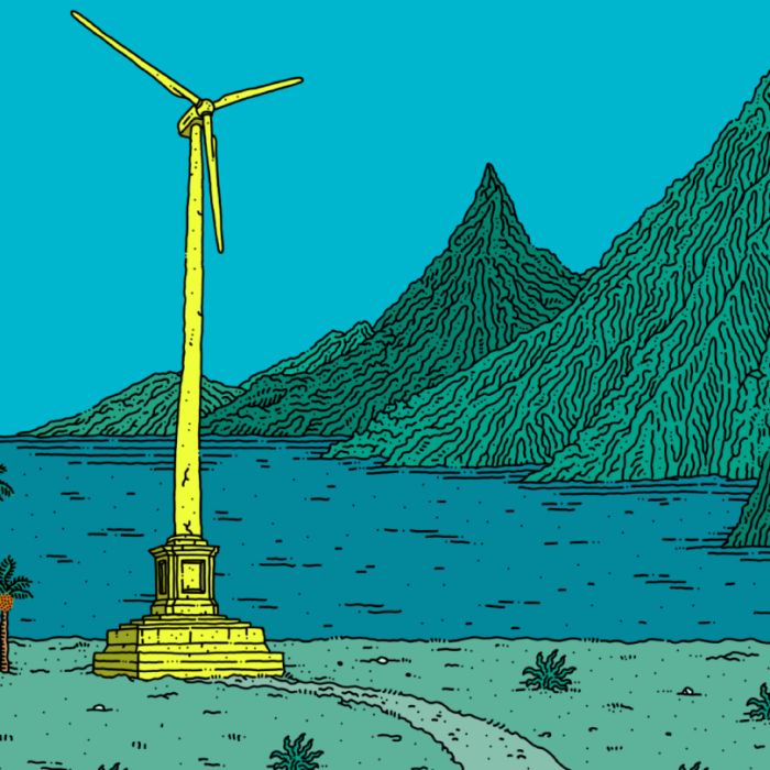 A remote landscape with mountain peaks and a few trees. There is a yellow windmill and a small path leading up to it. The sky is a shade of green-blue and the landscape is largely shades of green apart from the windmill.