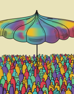 Artwork showing a a crowd of human-like figures standing under a massive umbrella. The background is light yellow and the umbrella as well the figures are alll multi-coloured.