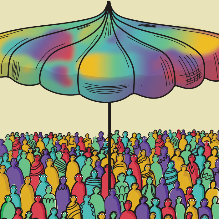 Artwork showing a a crowd of human-like figures standing under a massive umbrella. The background is light yellow and the umbrella as well the figures are alll multi-coloured.
