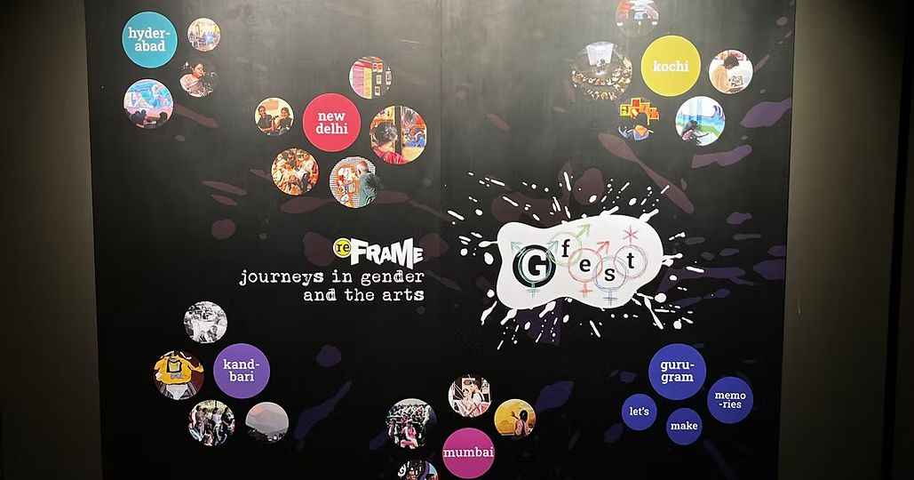 A poster showcasing various aspects and events of gFest with a black background and stuck to a black wall.