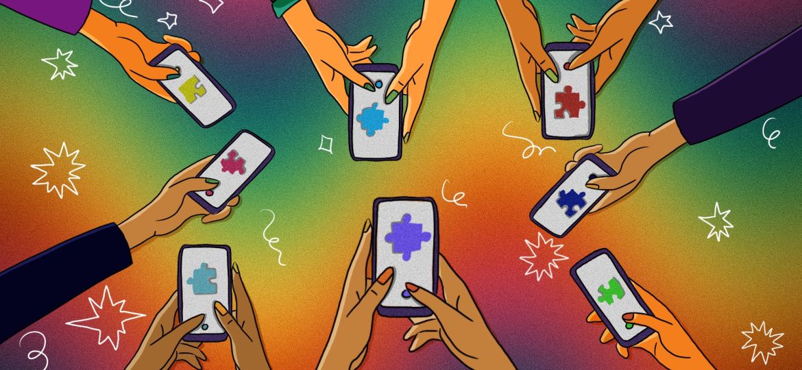 Eight people out of the frame with their hands outstretched in a circle holding phones showing a single jigsaw puzzle piece in different colours on each phone. This is against a vibrant coloured backgroud with a wave-like diffused rainbow going from one side to the other.